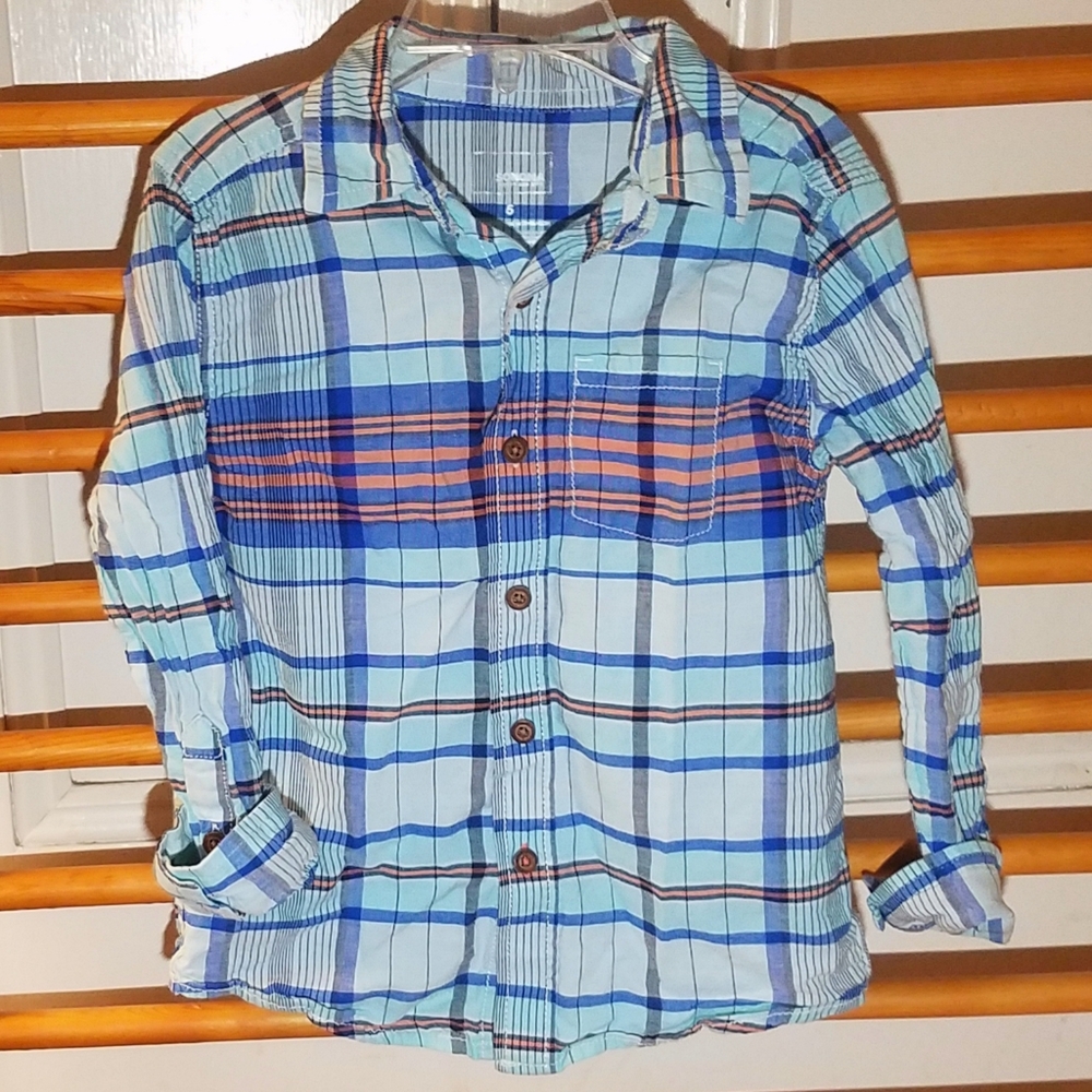 Boys Dress Shirt 5 Collared Plaid Aqua Orange Blue
